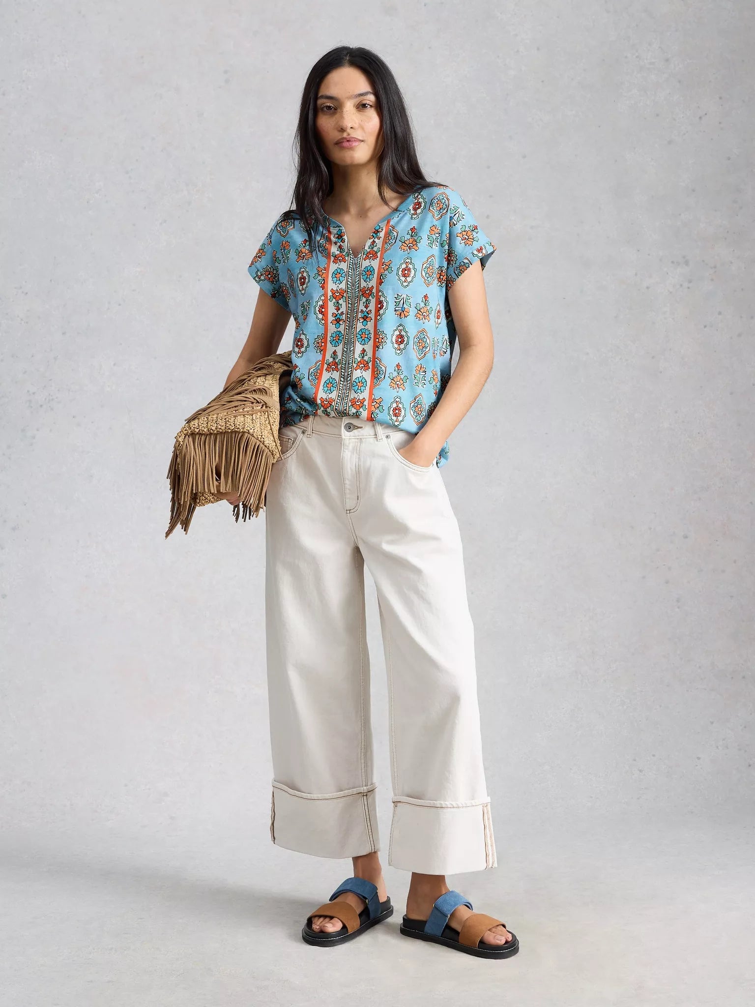 White Stuff Nelly Notch Tee - Blue Print Summer 26