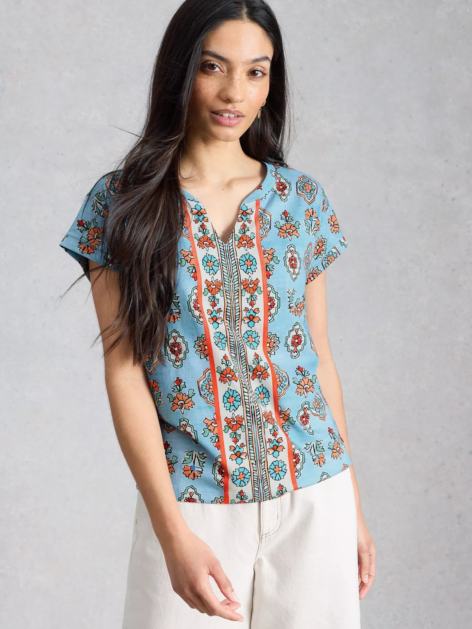 White Stuff Nelly Notch Tee - Blue Print Summer 26