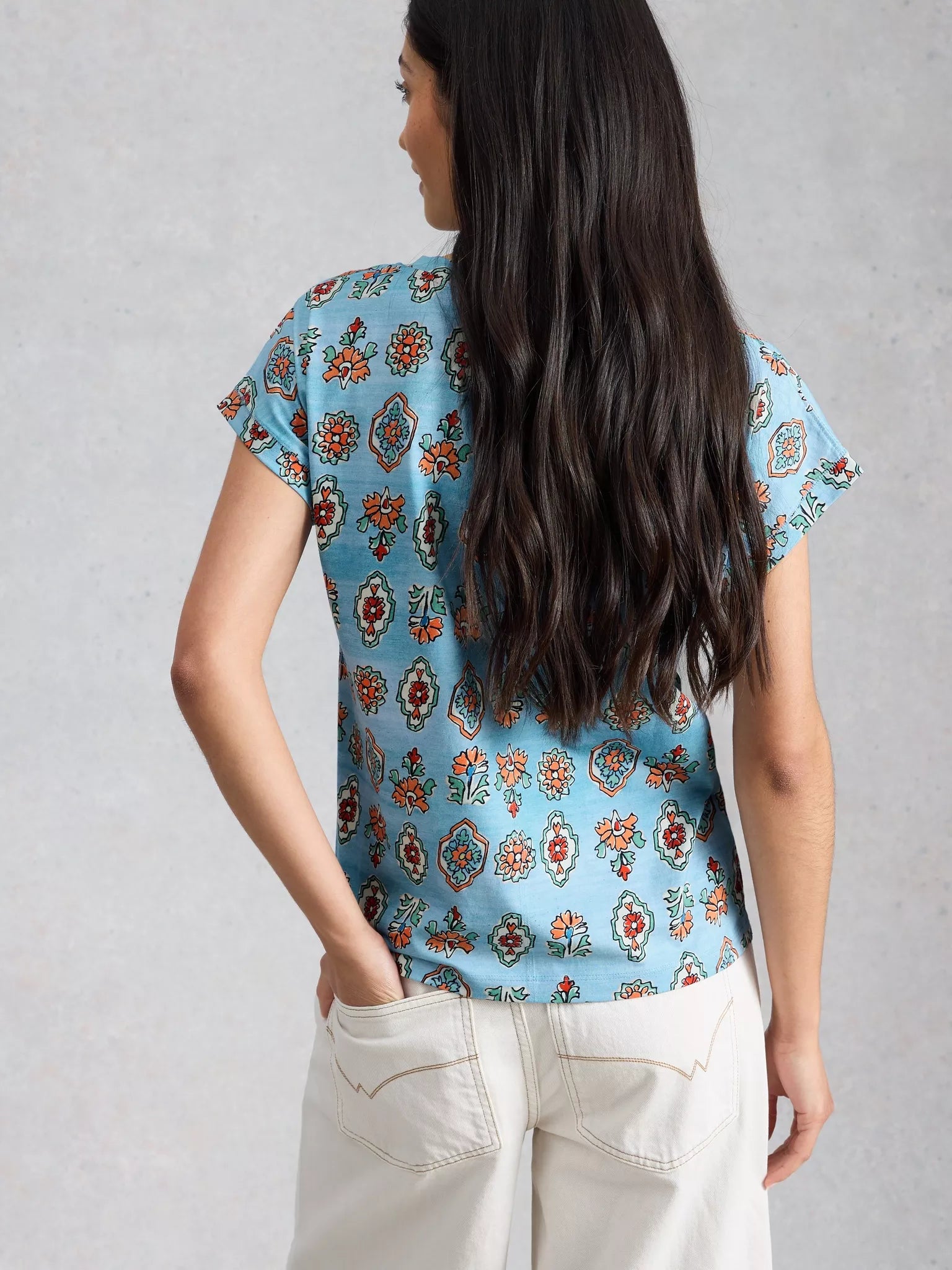 White Stuff Nelly Notch Tee - Blue Print Summer 26