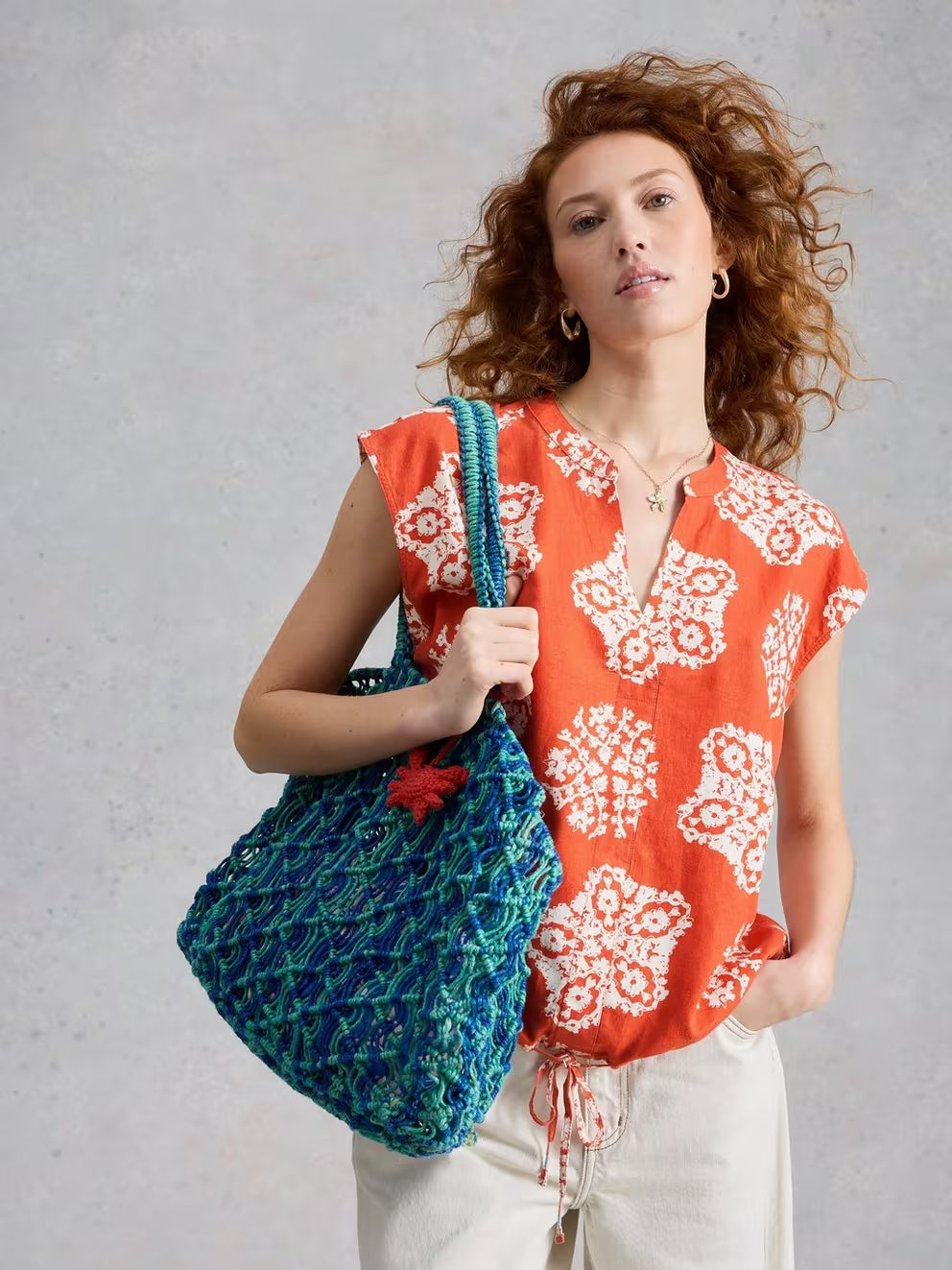 White Stuff Nicole Linen Blend Top - Red Print
