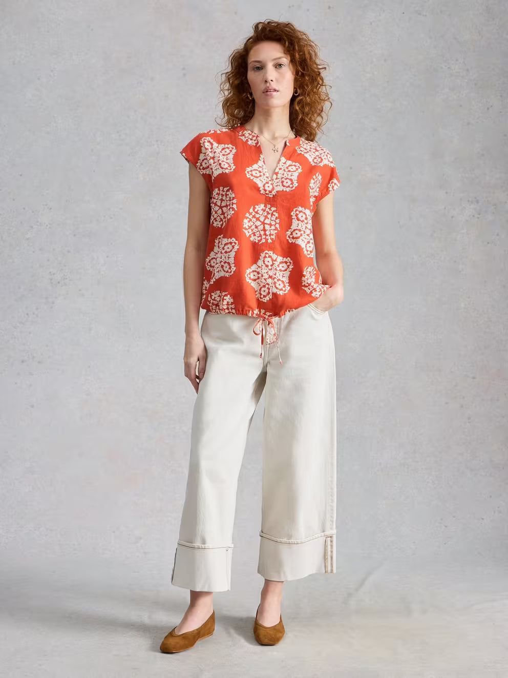 White Stuff Nicole Linen Blend Top - Red Print