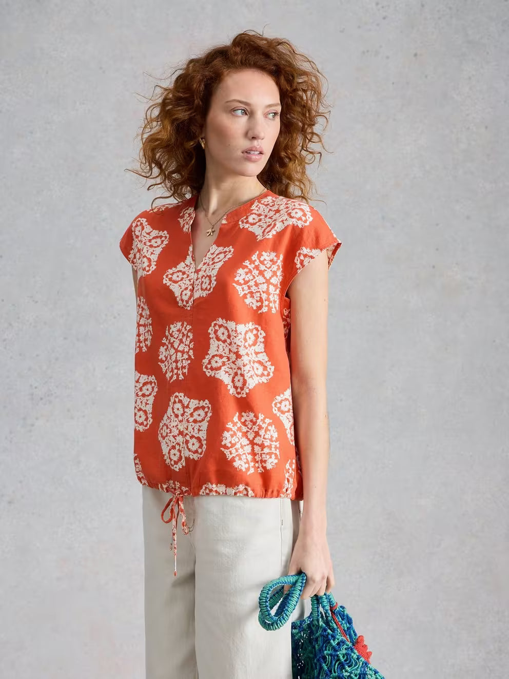 White Stuff Nicole Linen Blend Top - Red Print