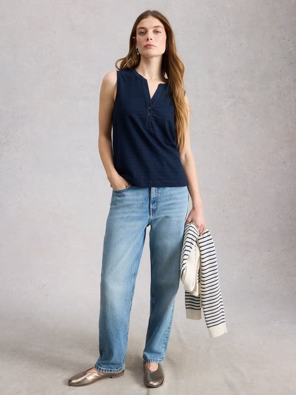 White Stuff Nora Texture Notch Vest - Dark Navy