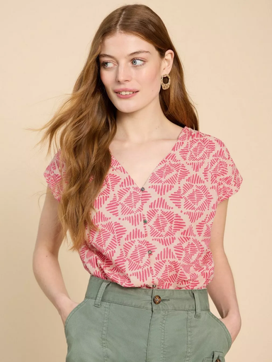 White Stuff Rae Organic Cotton Shirt - Pink Print Clothing - Tops - Shirts - Blouses - Blouses Opening Price by White Stuff | Grace the Boutique