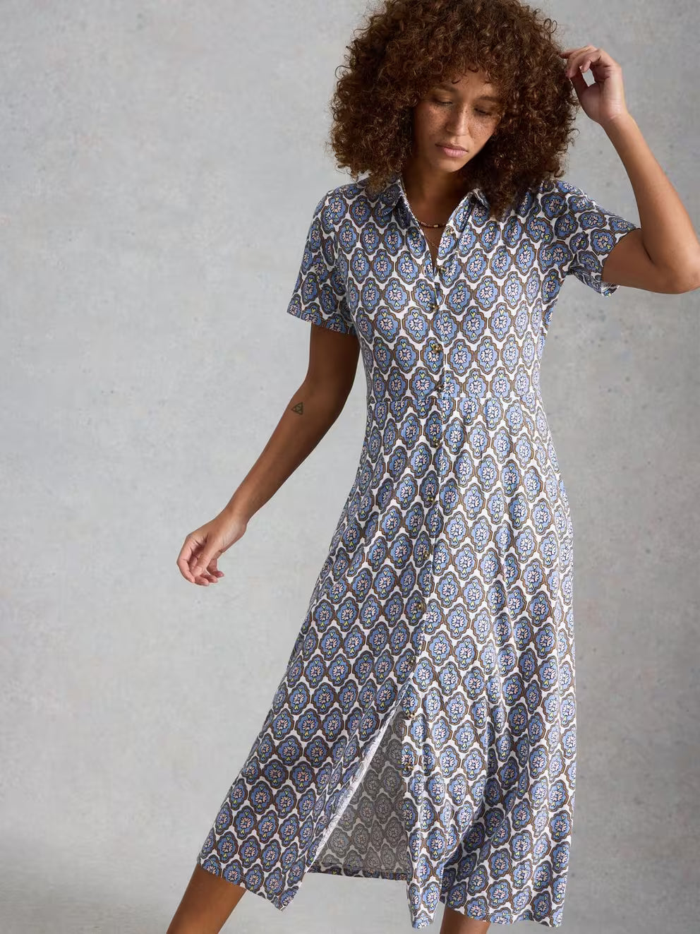White Stuff Rua Jersey Shirt Dress - Blue Multi