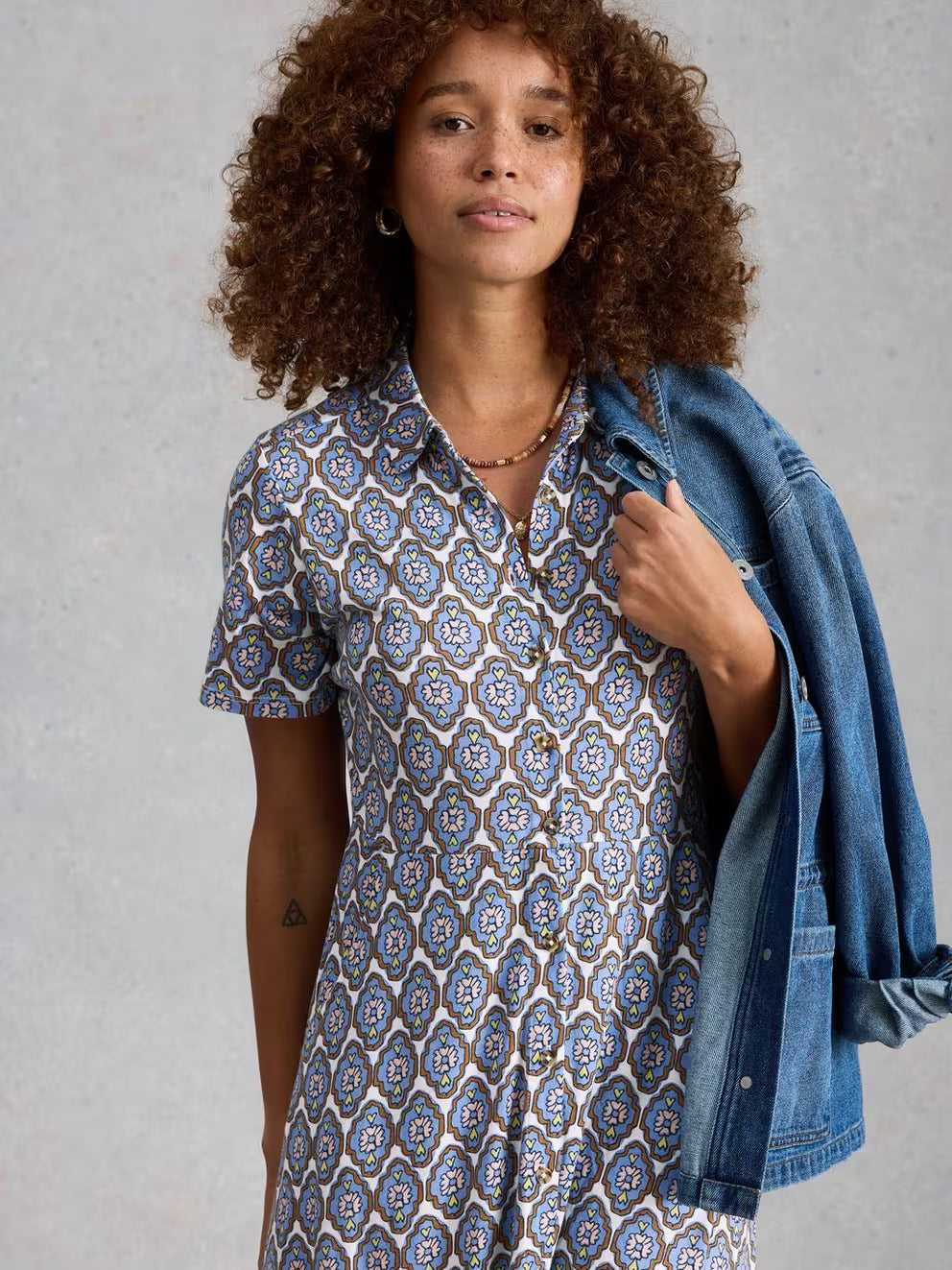 White Stuff Rua Jersey Shirt Dress - Blue Multi