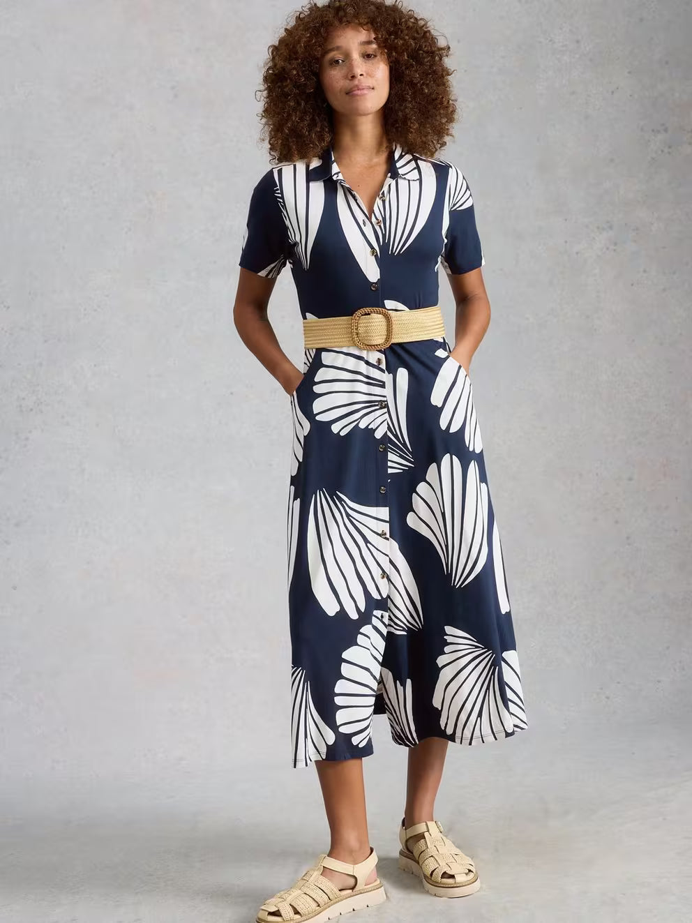 White Stuff Rua Jersey Shirt Dress - Navy Print