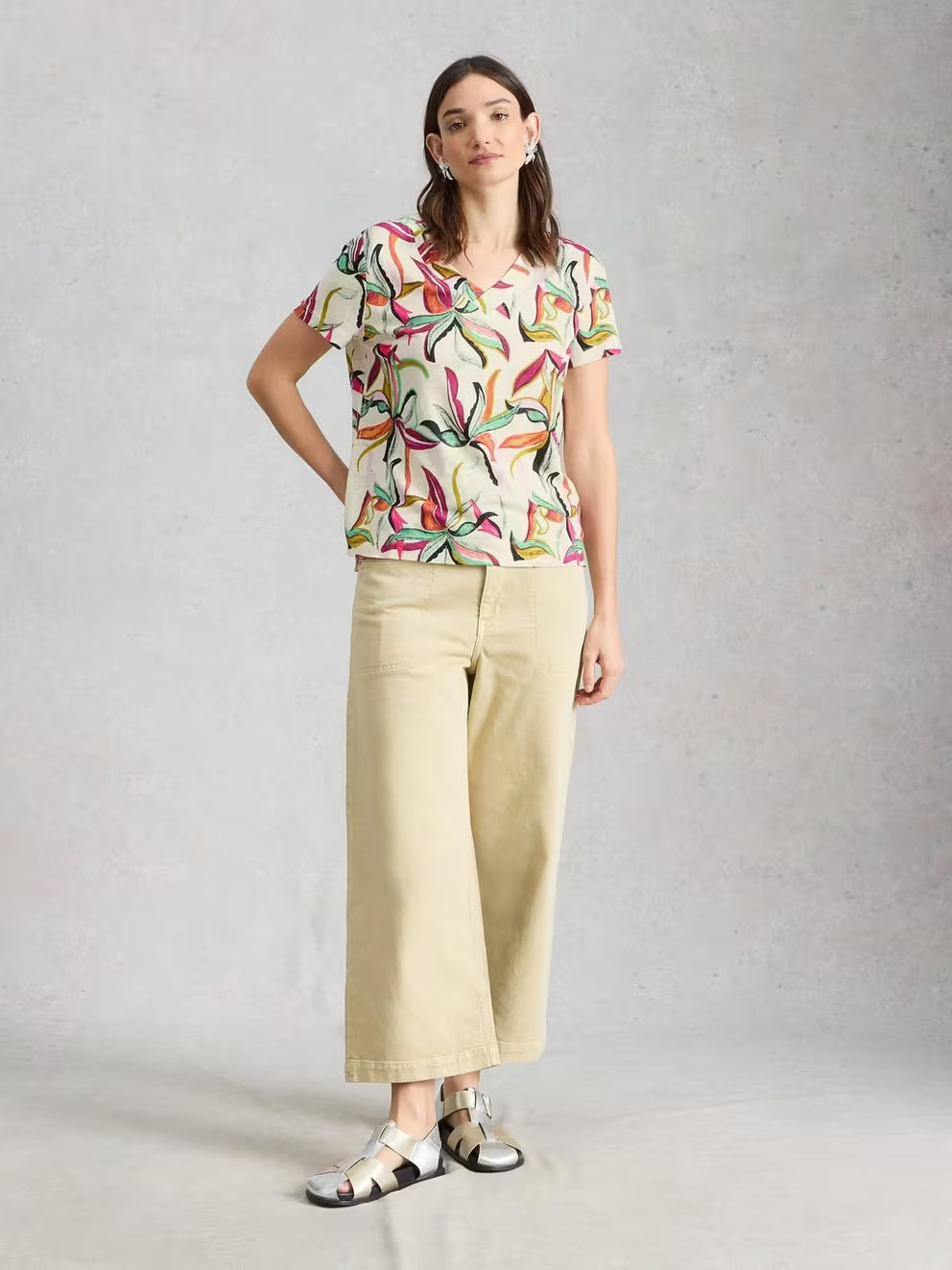 White Stuff Susie V Neck Linen Tee - Ivory Print