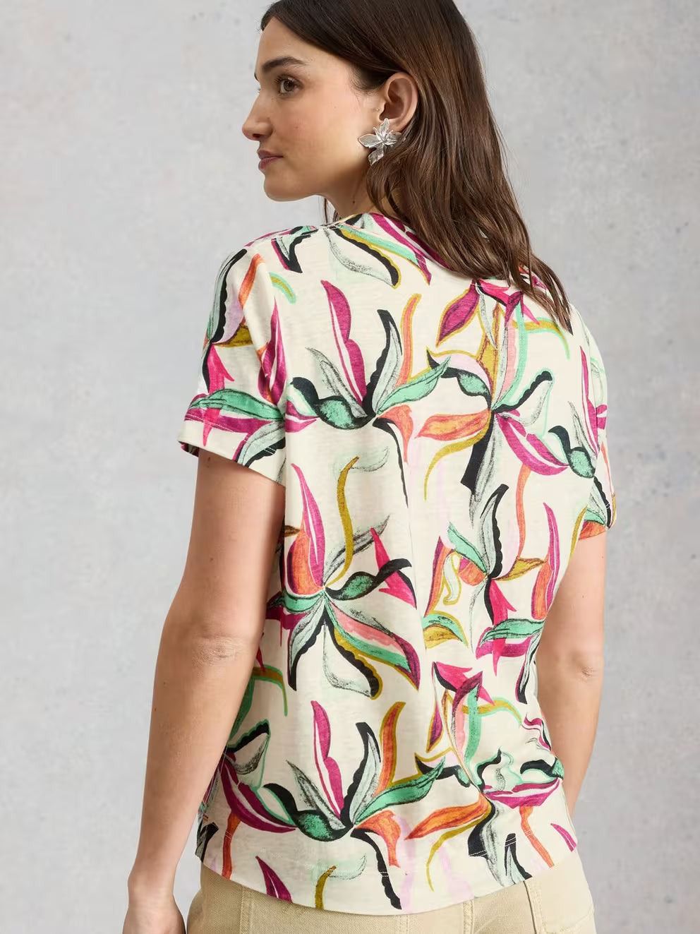 White Stuff Susie V Neck Linen Tee - Ivory Print