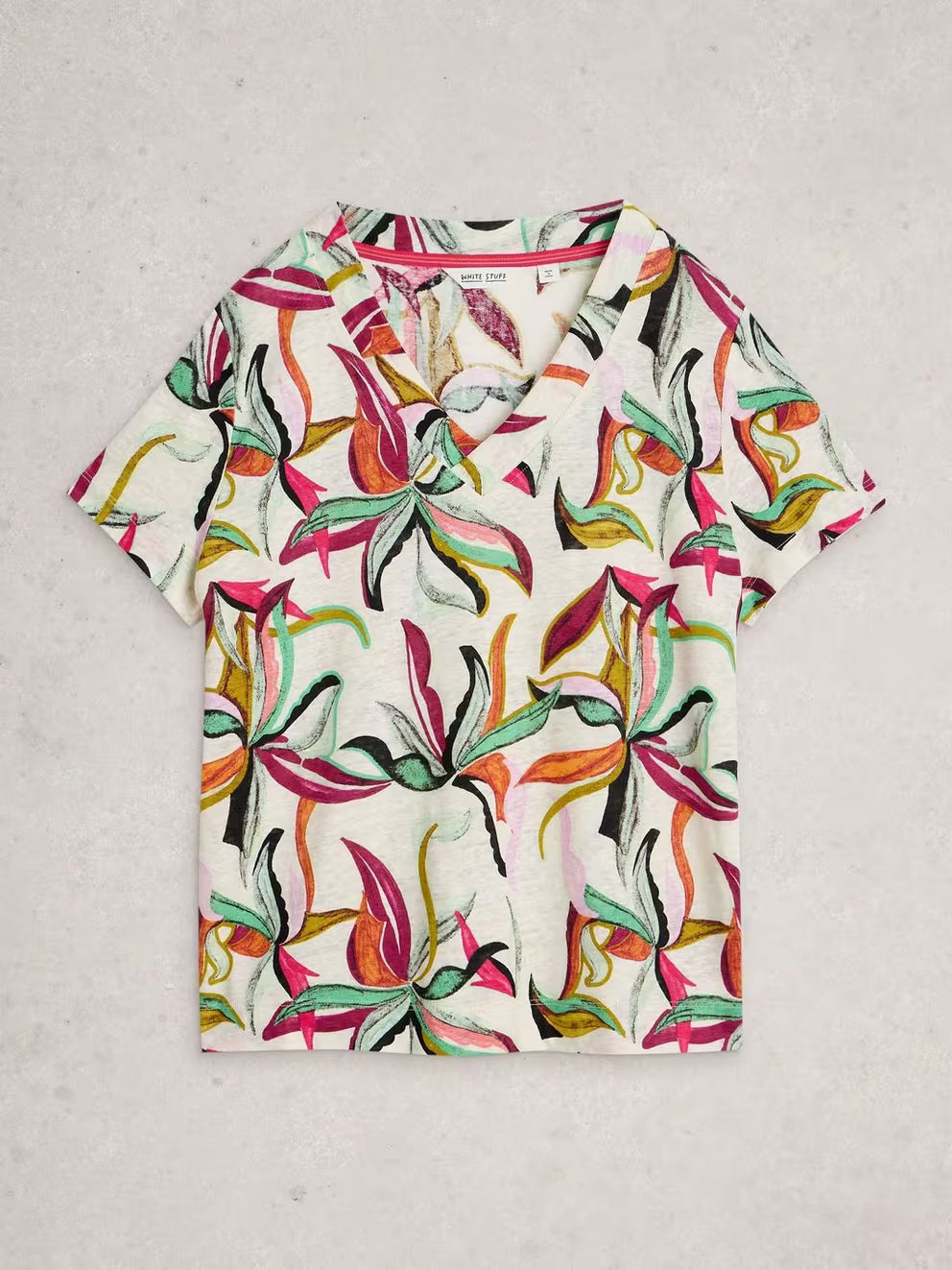 White Stuff Susie V Neck Linen Tee - Ivory Print