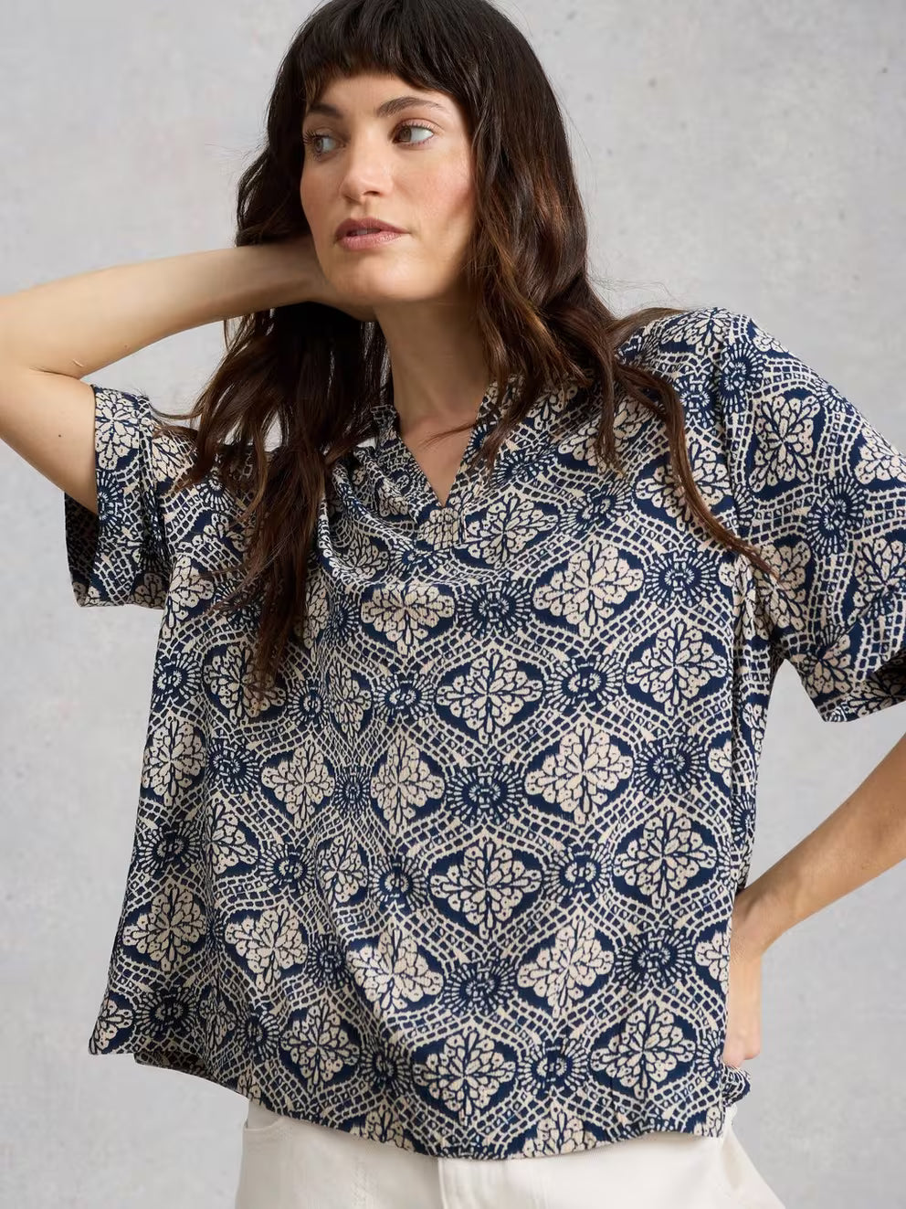 White Stuff Teakie Crinkle Top - Navy Print