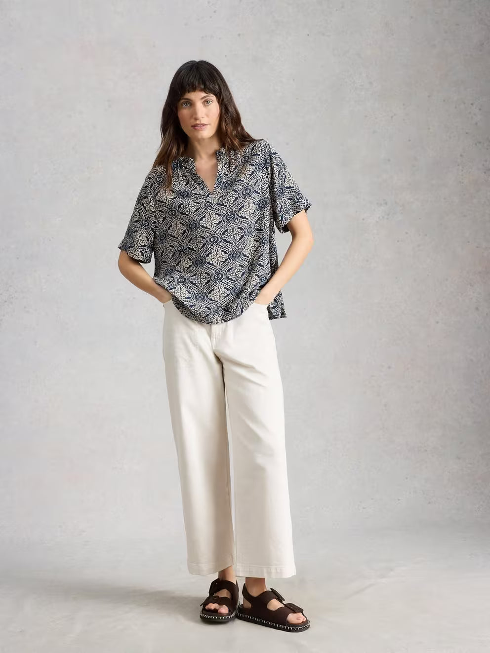 White Stuff Teakie Crinkle Top - Navy Print