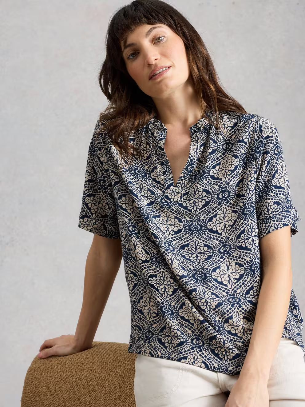 White Stuff Teakie Crinkle Top - Navy Print