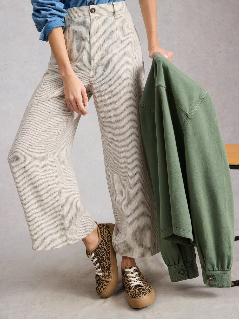White Stuff Tia Linen Wide Leg Crop - Ivory Stripe