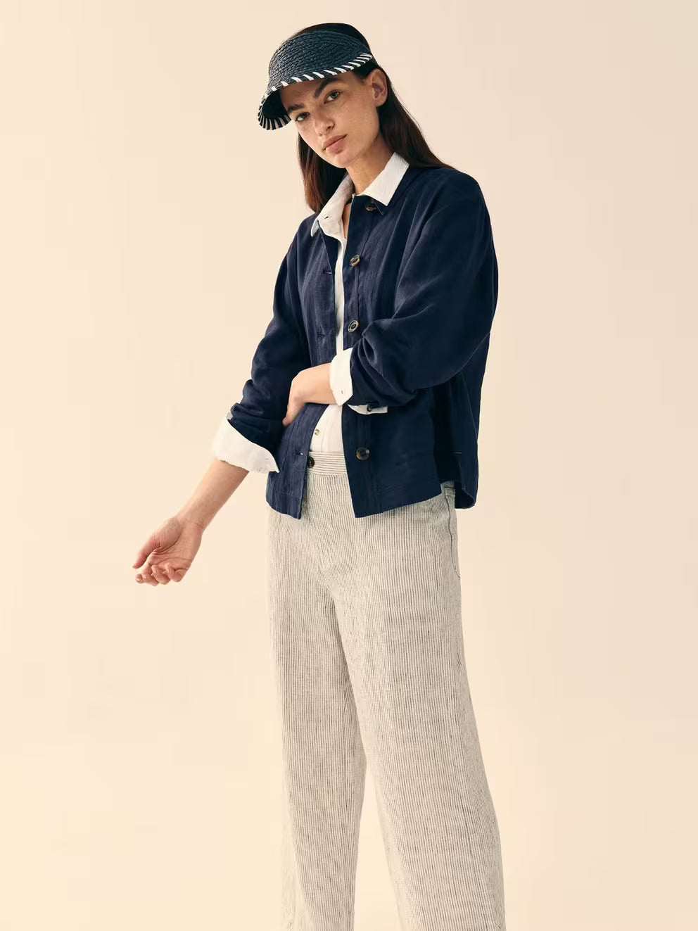 White Stuff Tia Linen Wide Leg Crop - Ivory Stripe