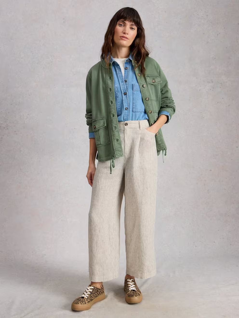 White Stuff Tia Linen Wide Leg Crop - Ivory Stripe
