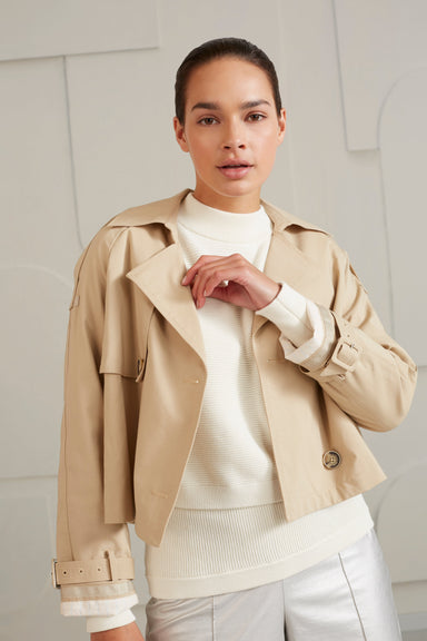 Yaya Cropped Trenchcoat - White Pepper Beige Clothing - Outerwear - Jackets by Yaya | Grace the Boutique