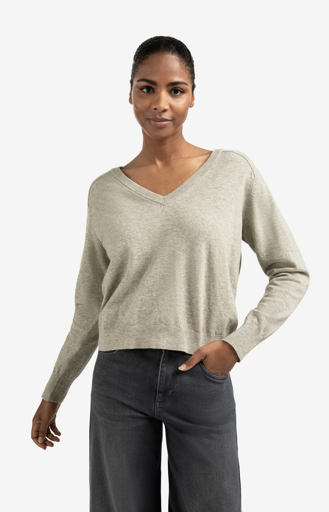 Yaya Double V-Neck with Buttons - Brown-Grey