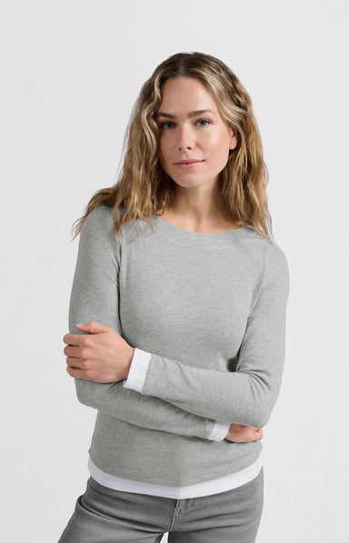 Yaya Faux Layer Boatneck Top - Grey Melange Clothing - Tops - Shirts - LS Knits by Yaya | Grace the Boutique