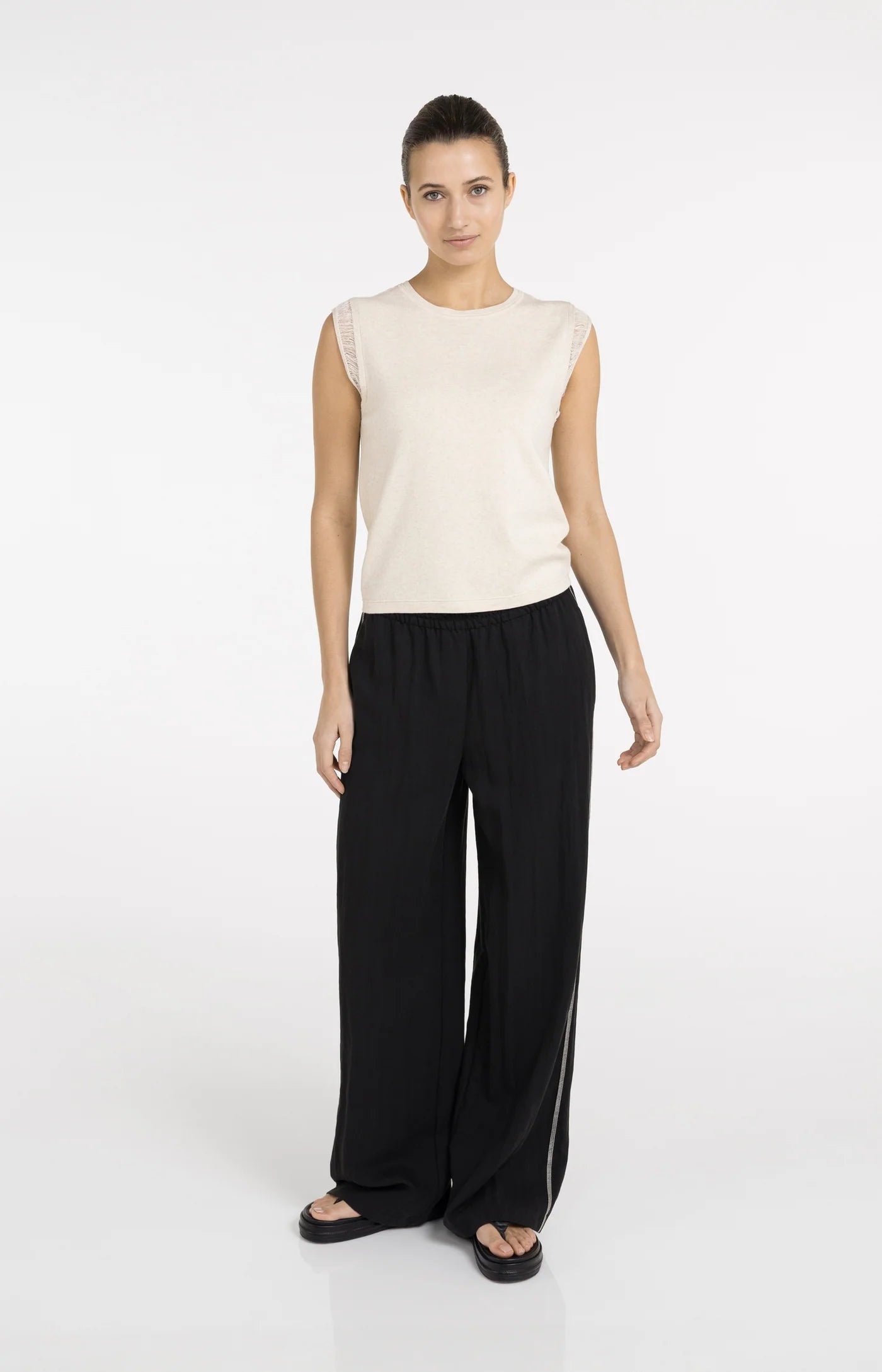 Yaya Fringe Detail Knit Tee - Creme
