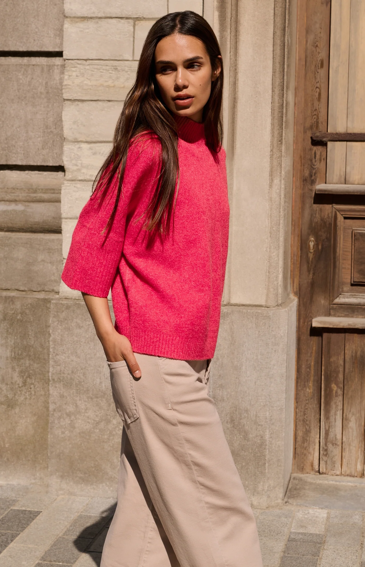 Yaya Half Sleeve Sweater - Rose Red