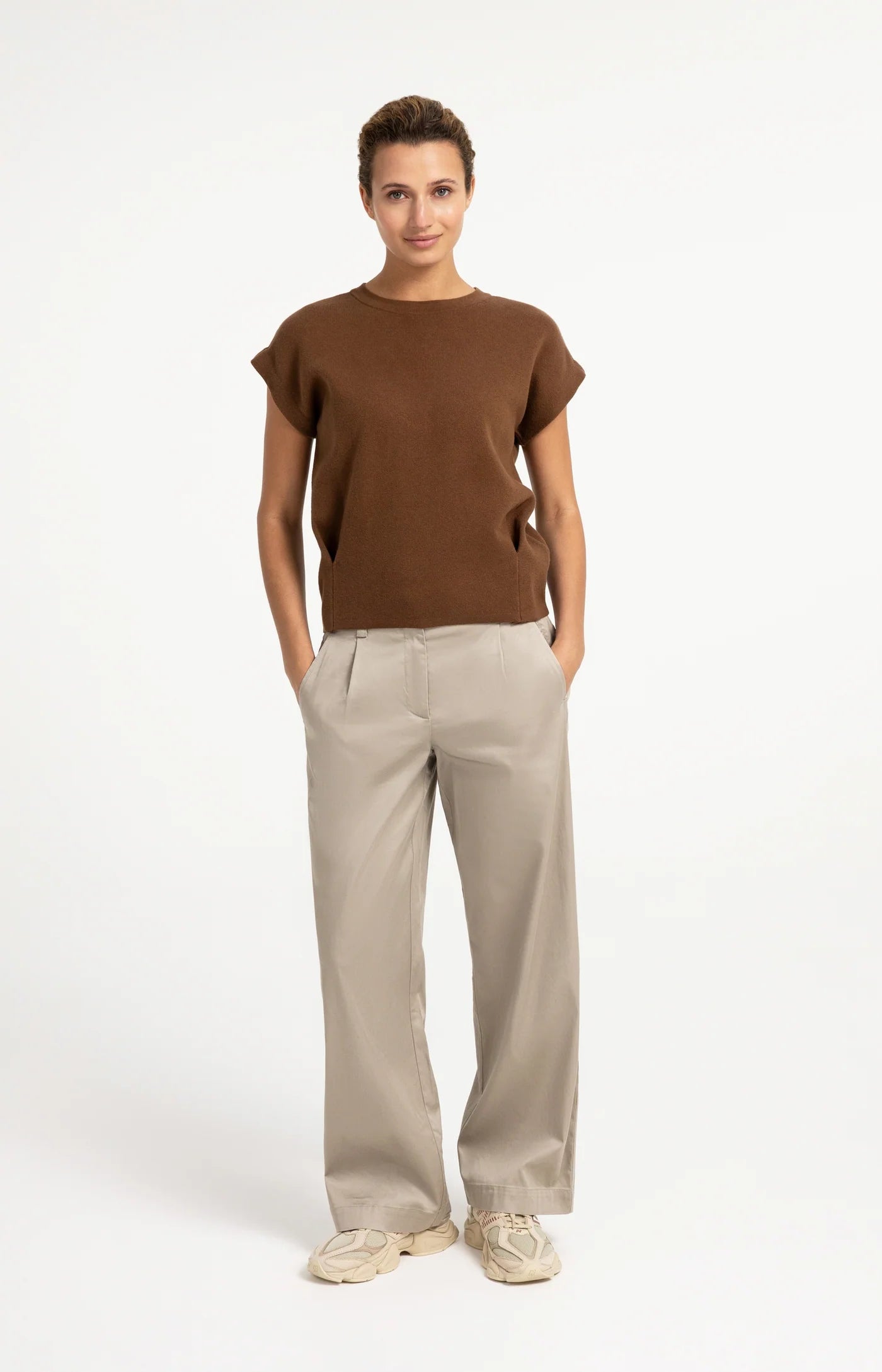 Yaya Jacquard SS Sweater - Bison Brown