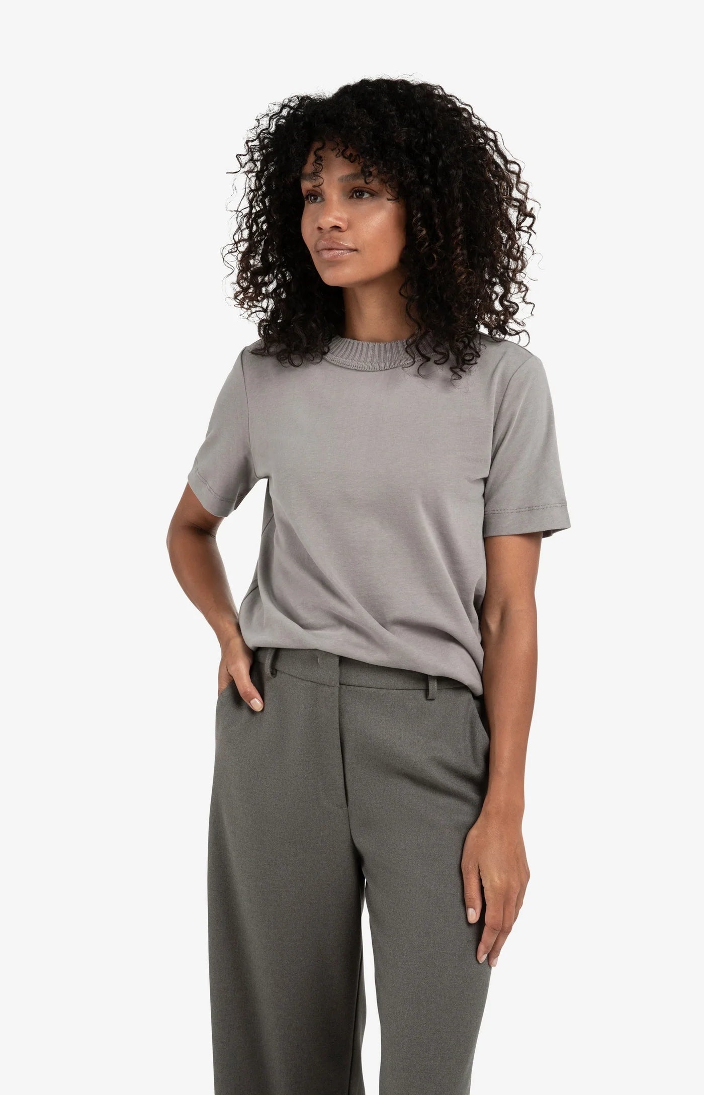 Yaya Knitted Neckline T-shirt - Dark Taupe Grey