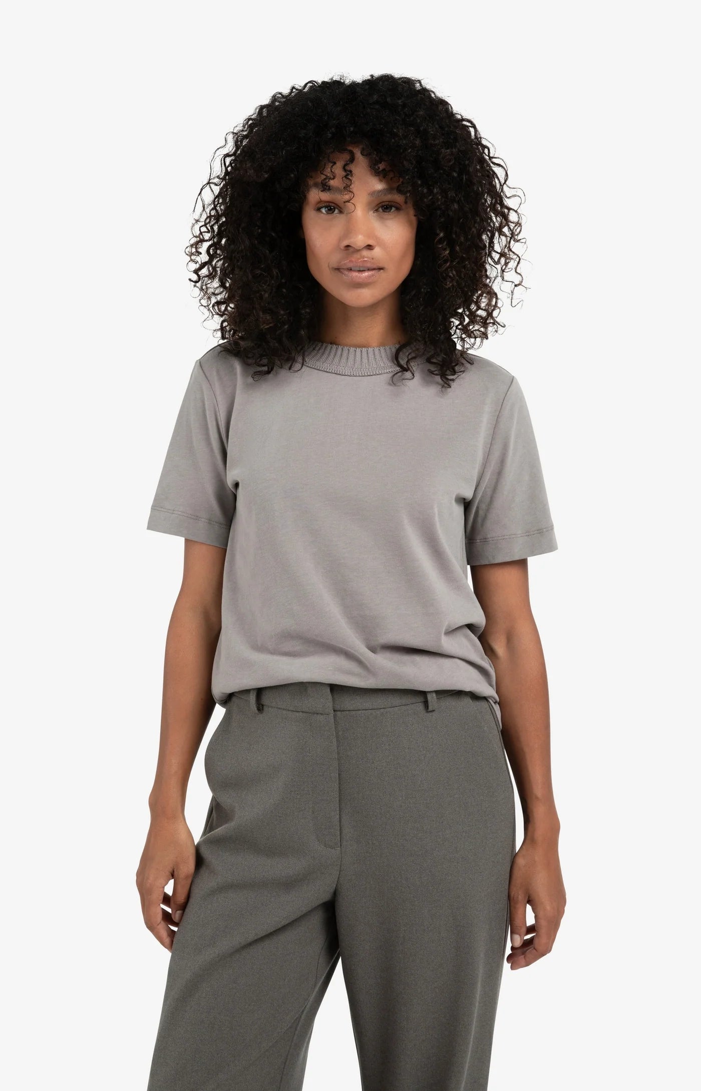 Yaya Knitted Neckline T-shirt - Dark Taupe Grey