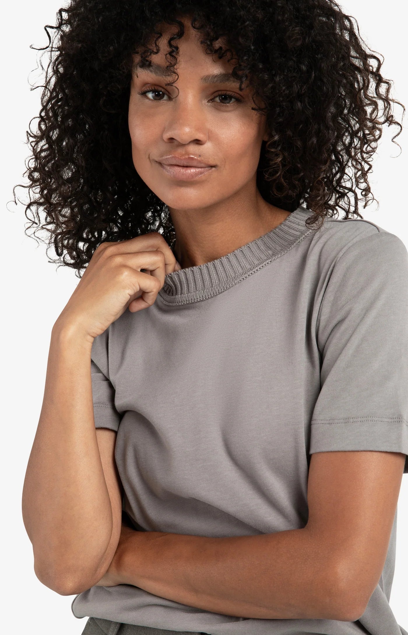 Yaya Knitted Neckline T-shirt - Dark Taupe Grey