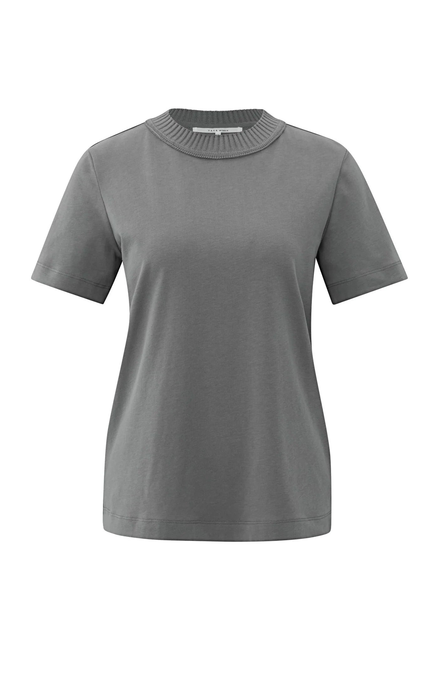 Yaya Knitted Neckline T-shirt - Dark Taupe Grey