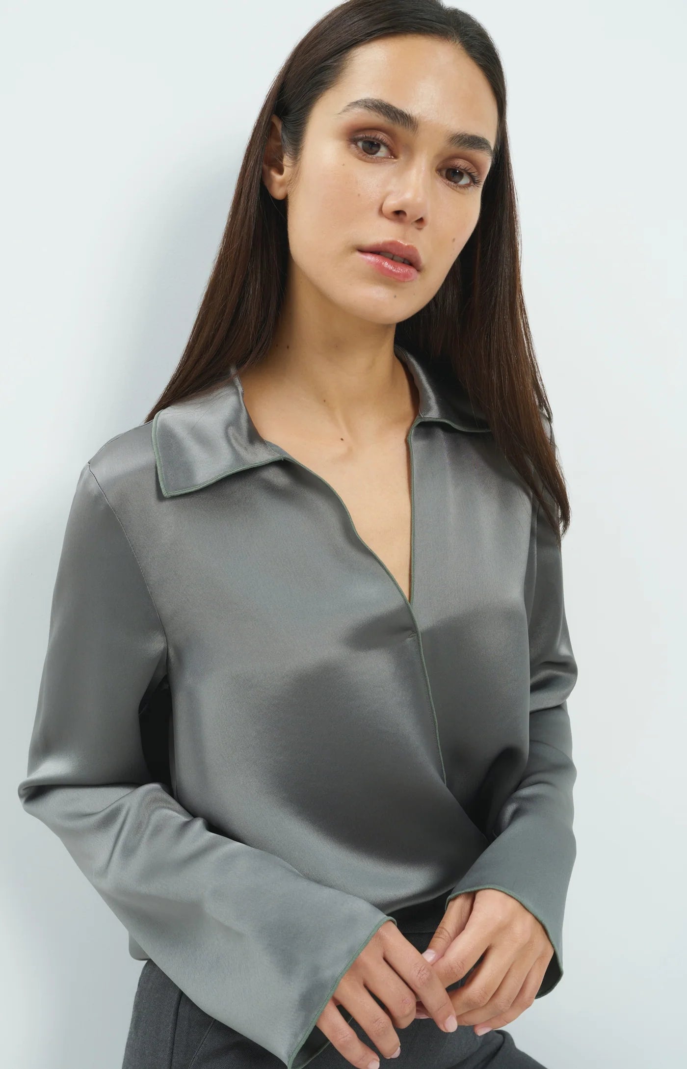 Yaya Satin Top with Collar - Soap Grey