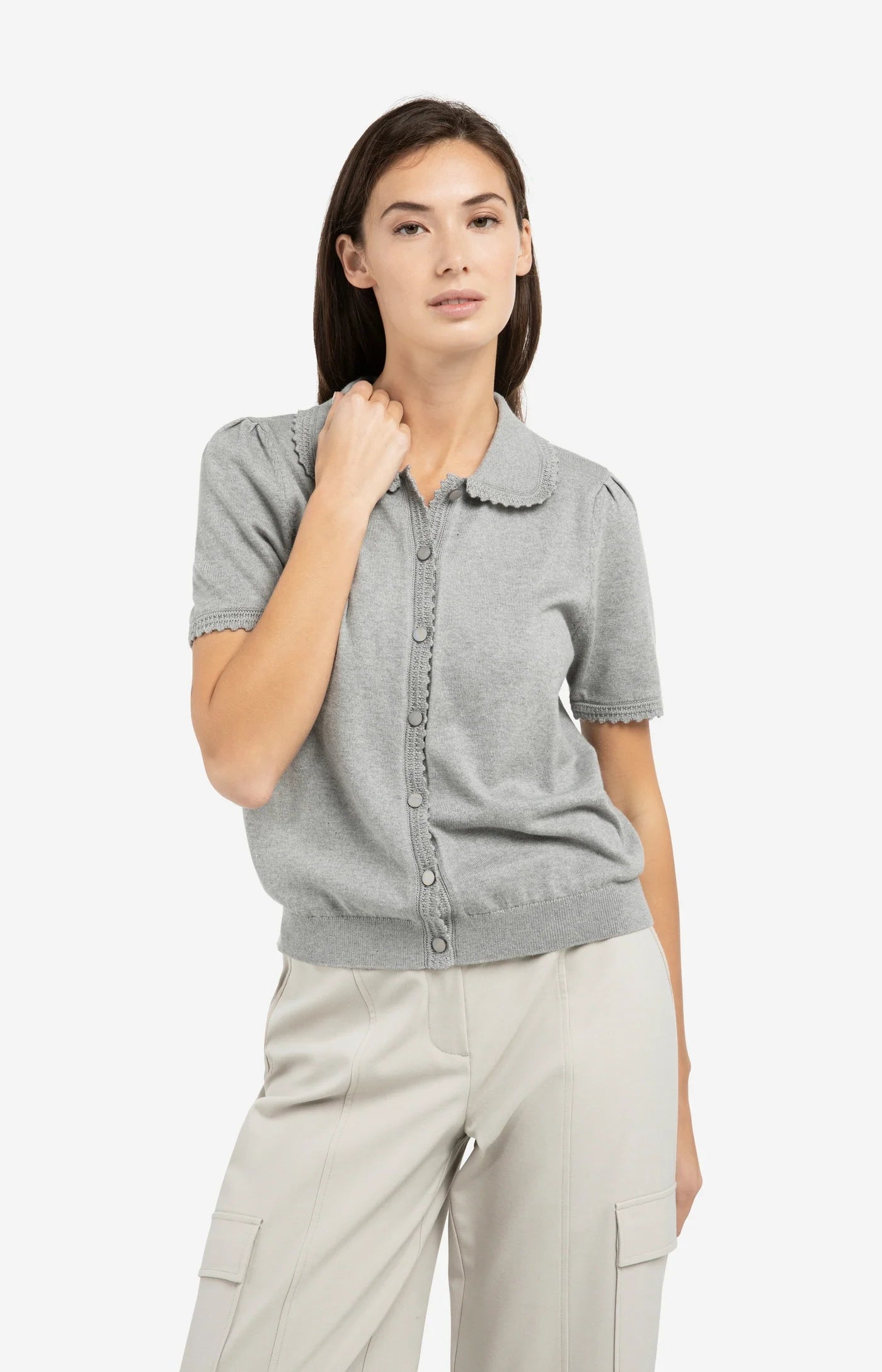 Yaya SS Collared Cardi - Grey Melange