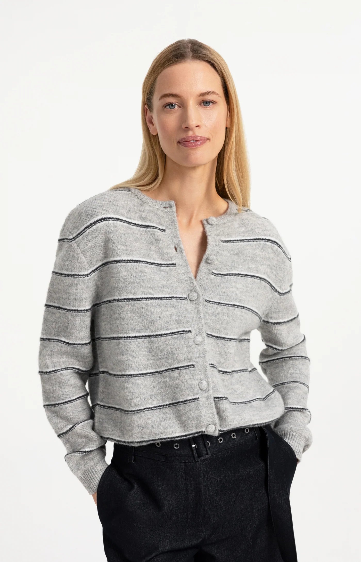 Yaya Striped Cardi - Medium Grey
