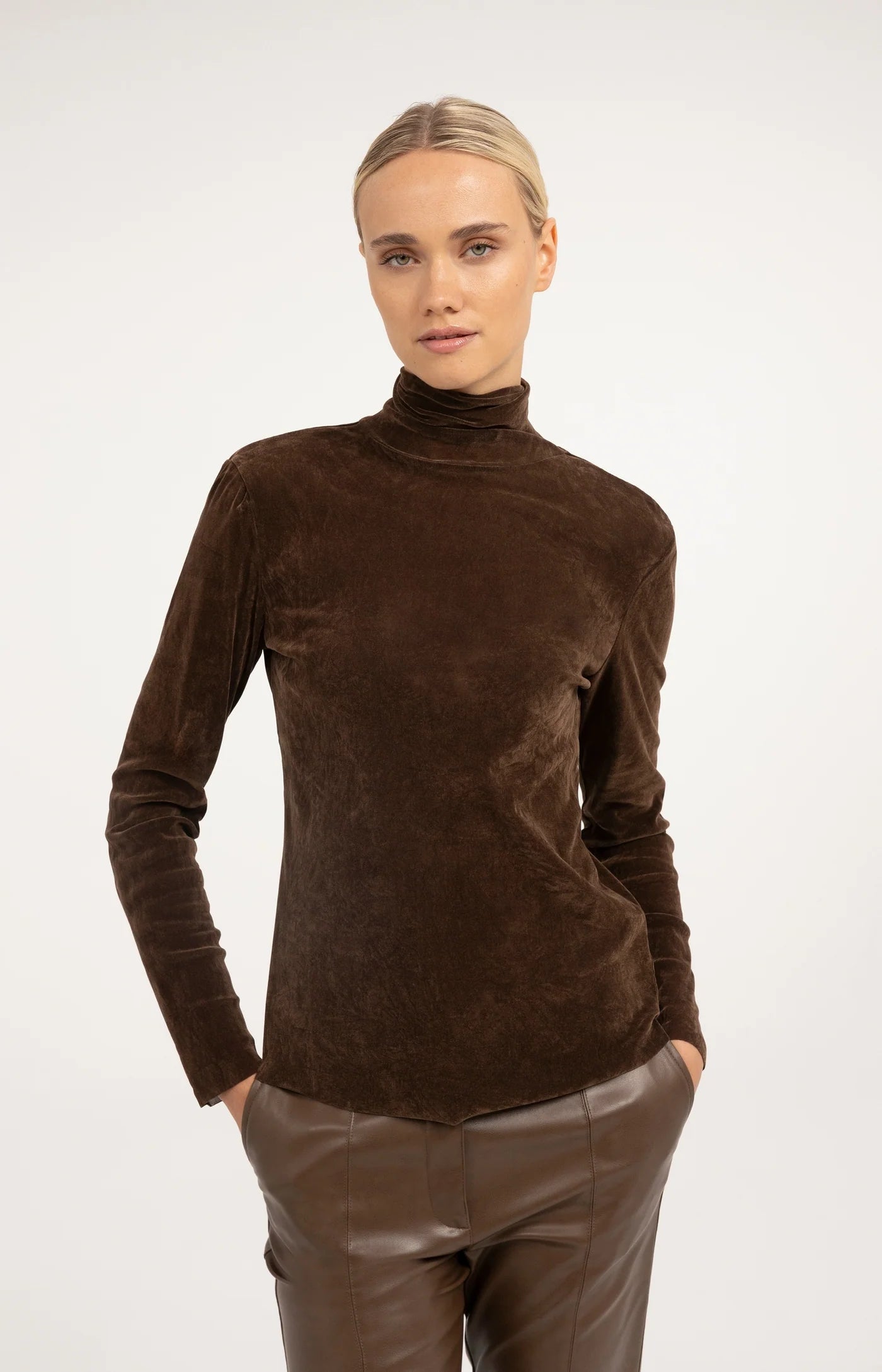 Yaya Velvet Mesh Top - Cocoa Brown