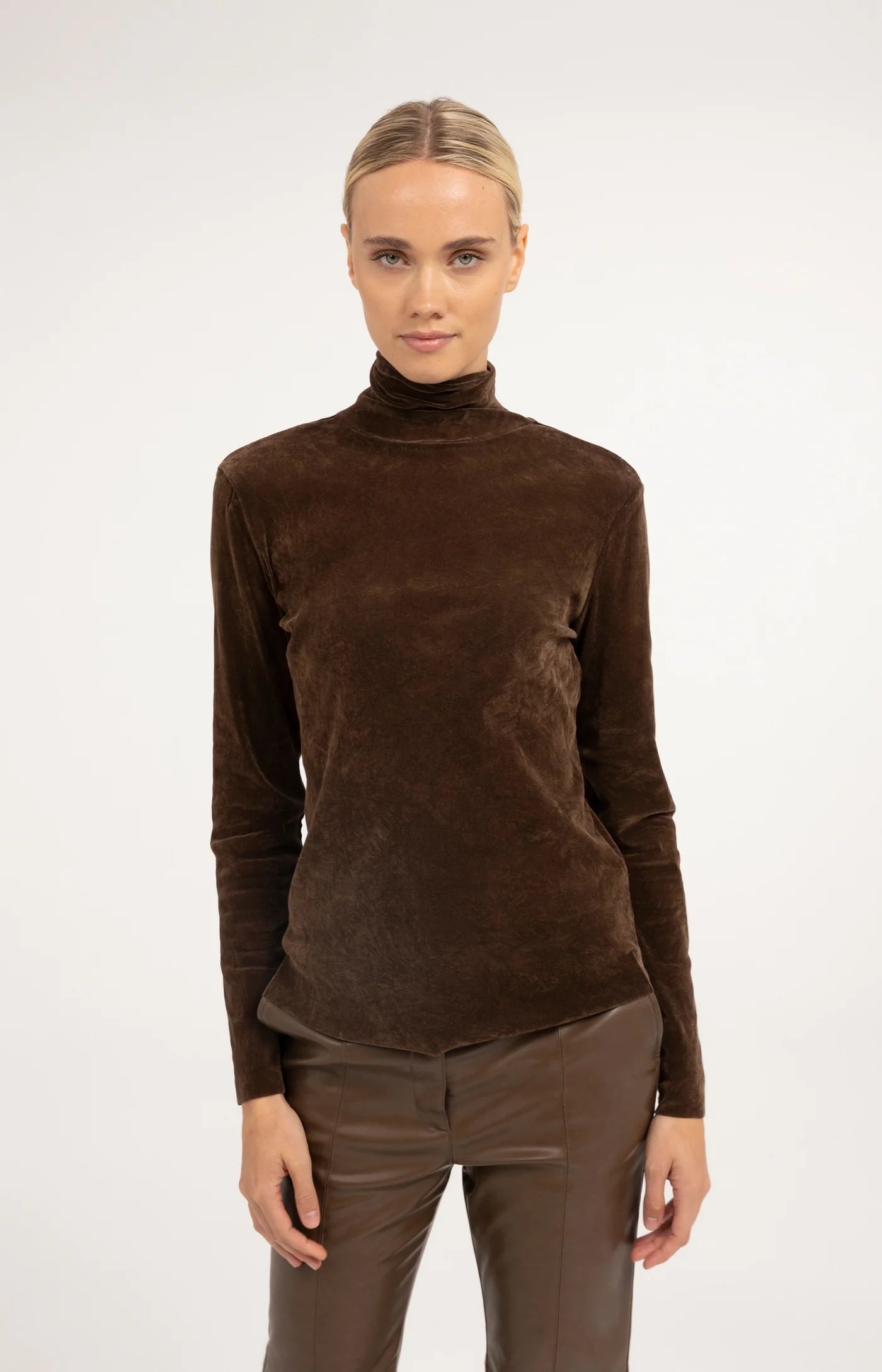 Yaya Velvet Mesh Top - Cocoa Brown